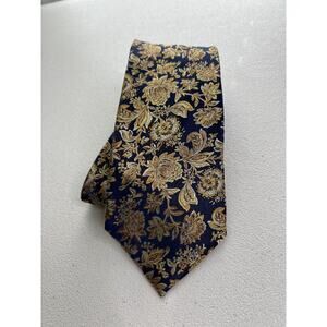 Paul Malone Palm Beach Blue, Gold Floral Pattern 100% Silk Handmade Tie NWOT